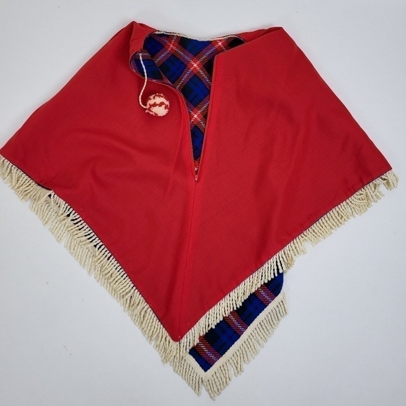 Vintage plaid poncho jacket cape fringe tassels lined warm winter zip-up - Picture 12 of 12